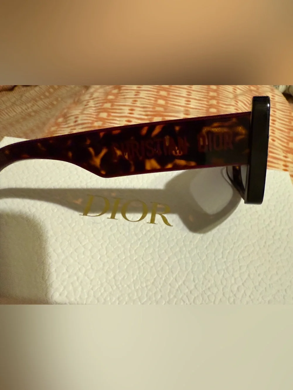 Dior Tortoiseshell & Red Rectangular Sunglasses with Gold Star Accents